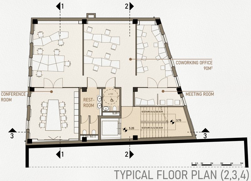 Typical coworking office plan with zones for different activities.