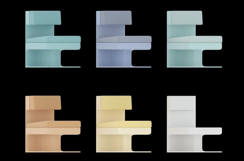 Color variations of the sofa module - as follows - angelite, amethyst, aquamarine, amber, citrine and neutral white base.
