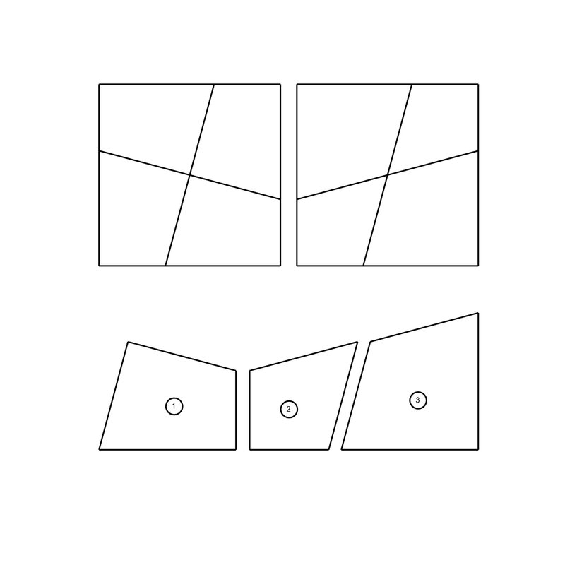 Formation of the shapes - derived from a square, divided into regular shapes, later used in the creation of the modular separation acoustic panels and the modular seating system.