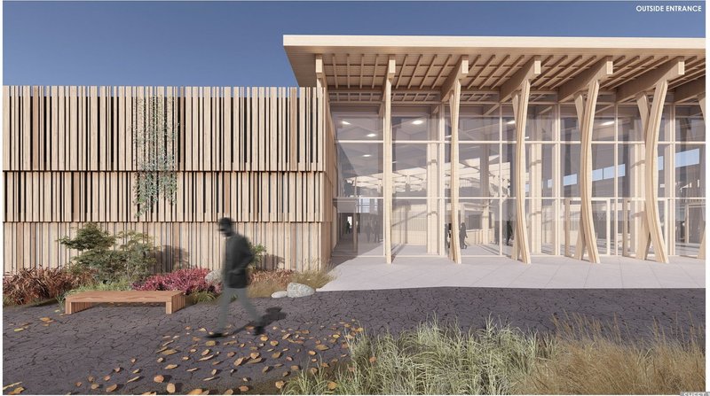 Modern wooden facade with sleek, transparent entrance.