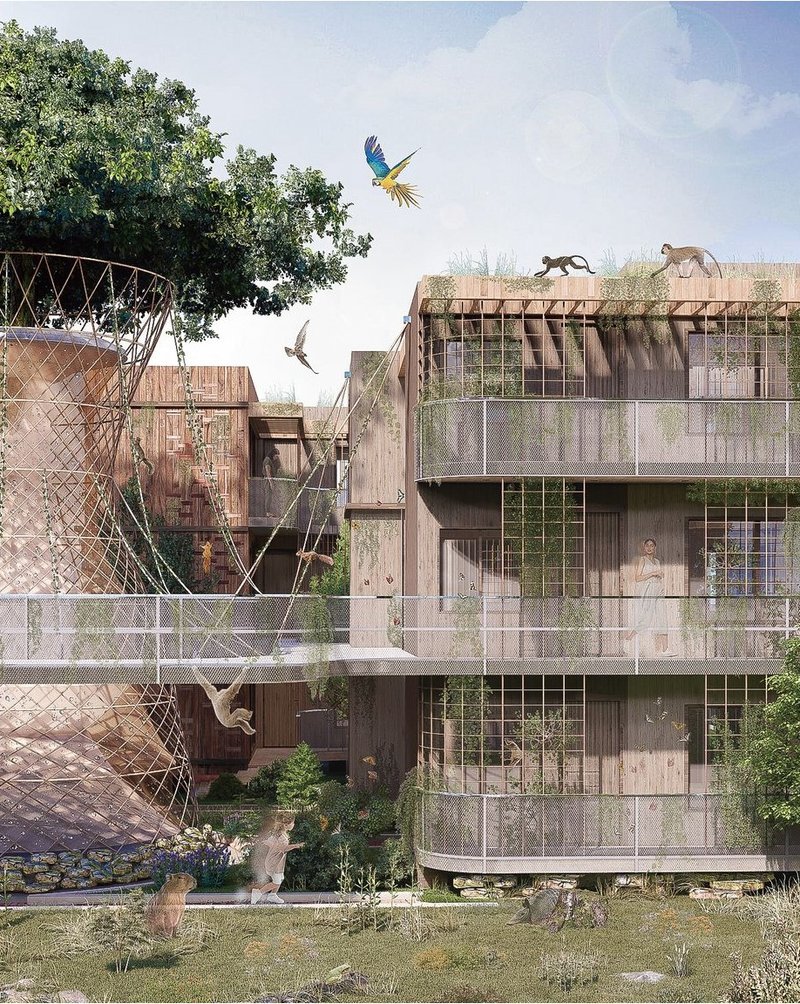 Amazonian co-living: Humans and wildlife share a harmonious habitat.