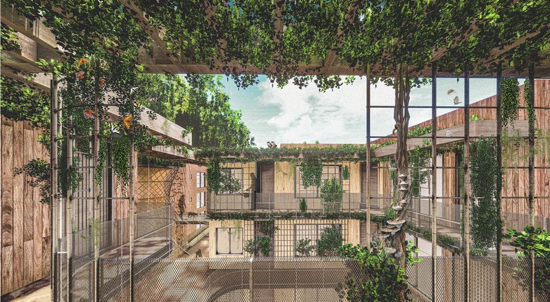 Green courtyard fostering connection between humans and nature.