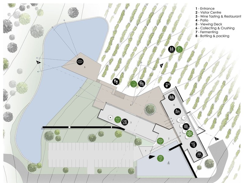 Ground floor plan detailing winery's main features and layout.