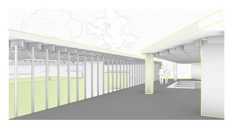 Open office with green roof, integrating work and play.