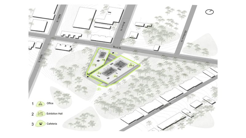 Green workspace blends with city, maximizing public park space.