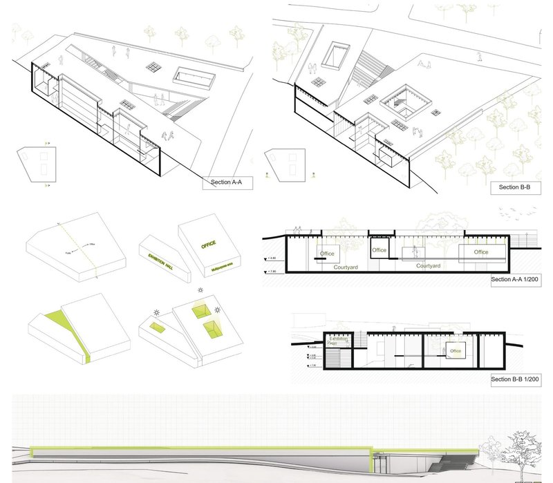 Sustainable design with natural light, ventilation, and green roof.