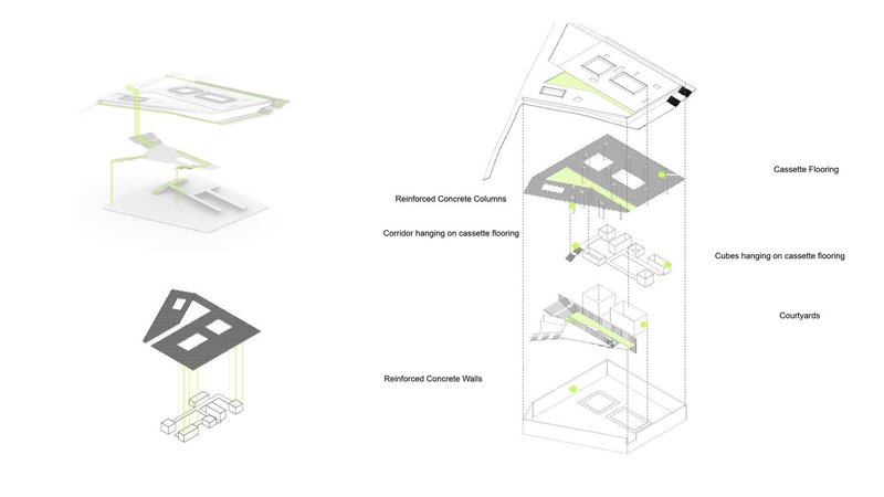 Suspended office cubes and corridors maximize green space below.