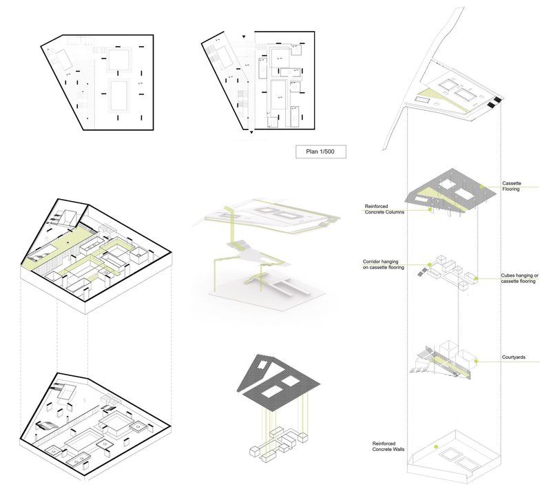Flexible, adaptable workspace with suspended cubes and courtyards.