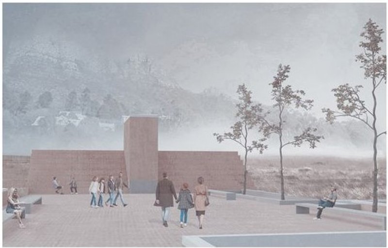 Plaza area of the Courtyards of Light with scenic surroundings.