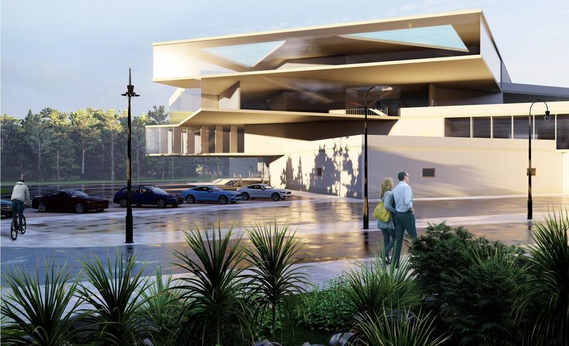 Modern library facade with natural light and greenery.