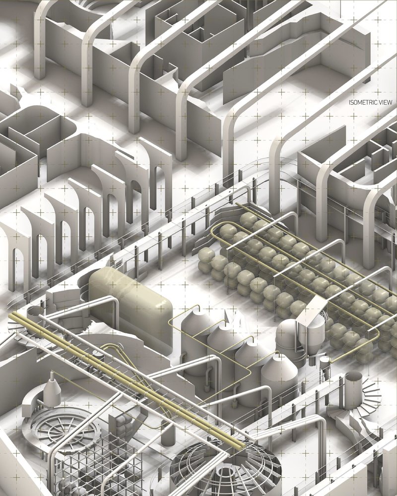 Isometric view of sustainable insect farming facility's intricate design layout.