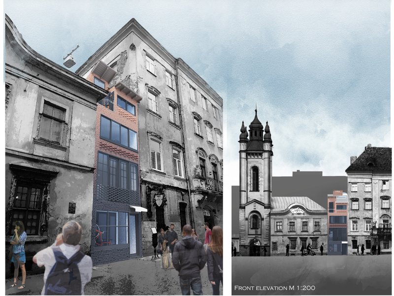 Blending contemporary materiality with historic form, the narrow façade complements its urban surroundings.