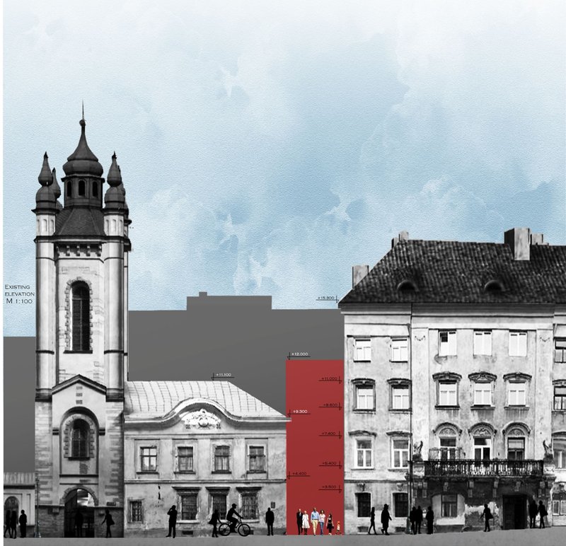 The proposed compact home integrates with the historic streetscape of Lviv, respecting surrounding heights and architectural language.