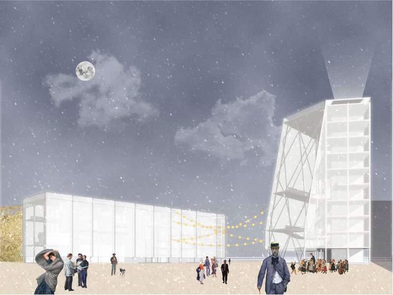 The glowing lighthouse-inspired Luminary emerges in the snowfall, guiding creatives into Milan’s CityLife.