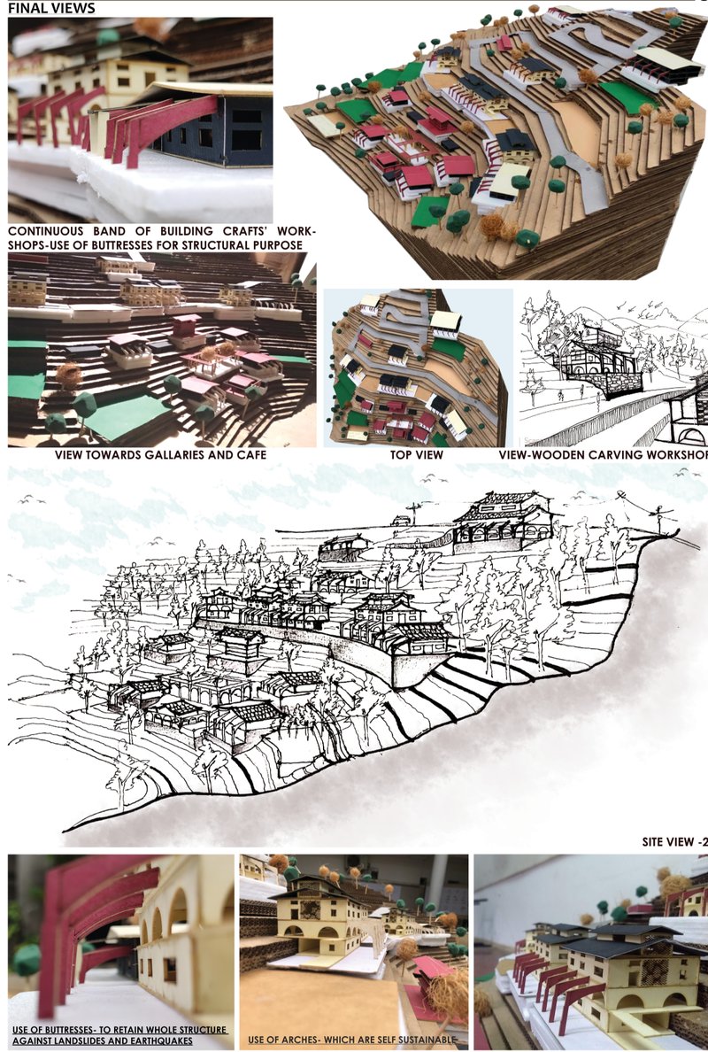 Architectural model showcasing terrain-responsive planning and vernacular resilience.