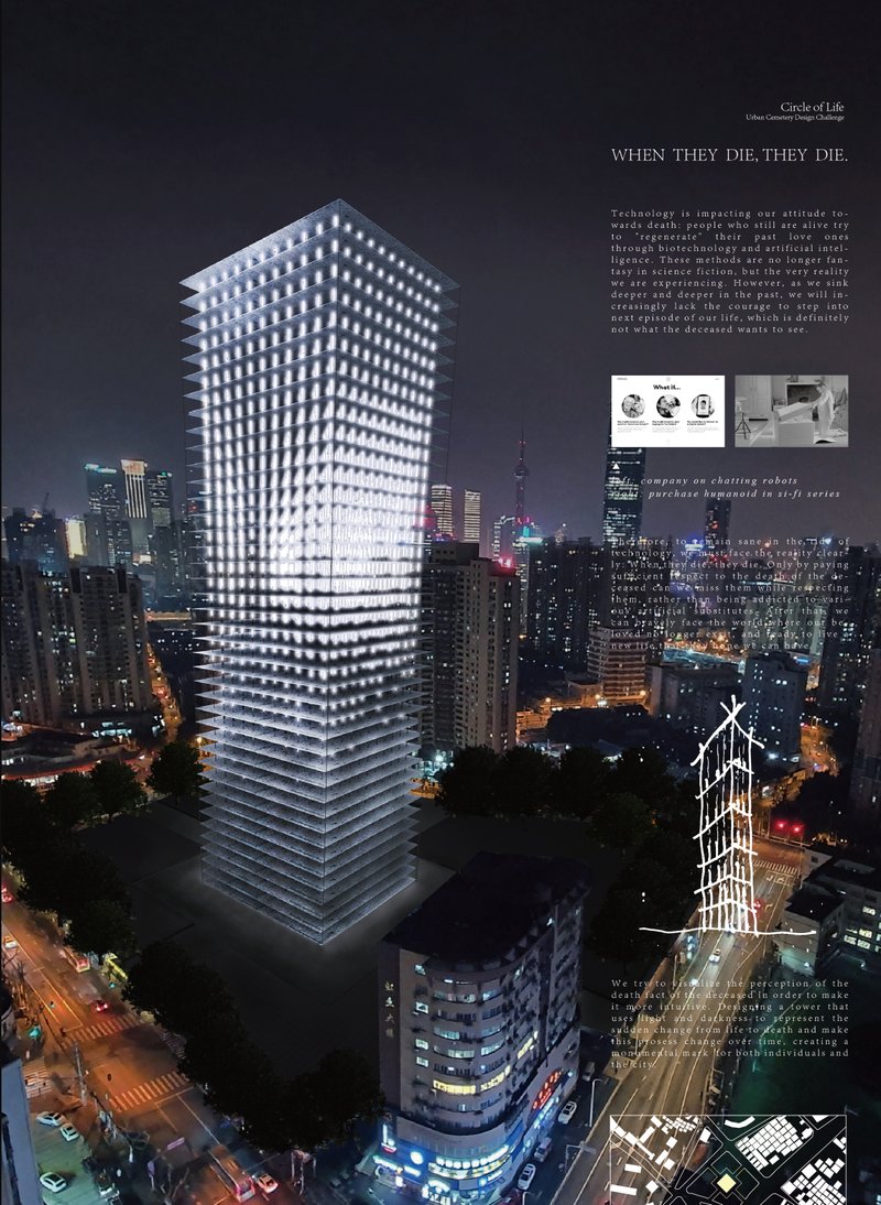 A glowing urban tower of remembrance, mapping decades of lives and deaths in light, against the dynamic city skyline.