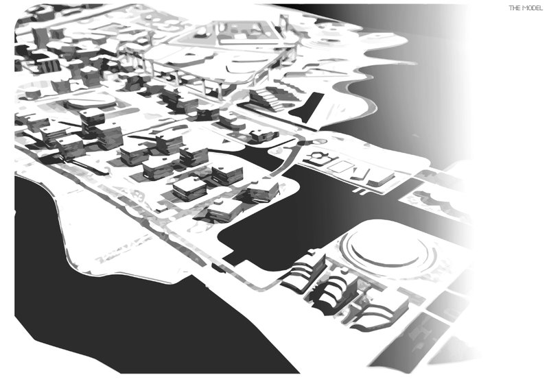 White physical model showing terraced waterfront district with circular forms and harbor edge