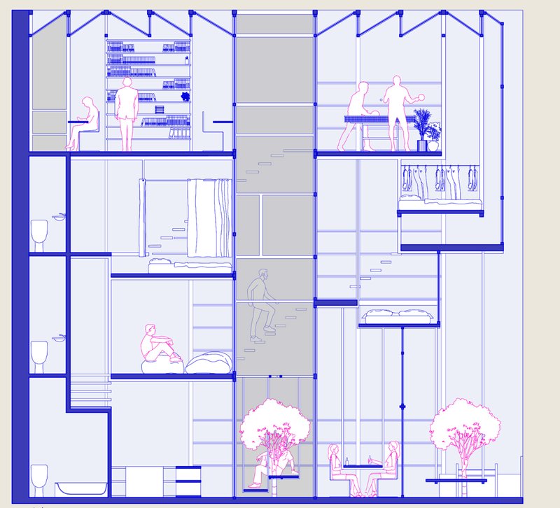 Vertical cross-section illustrating multifunctional spaces and shared areas stacked across different levels.