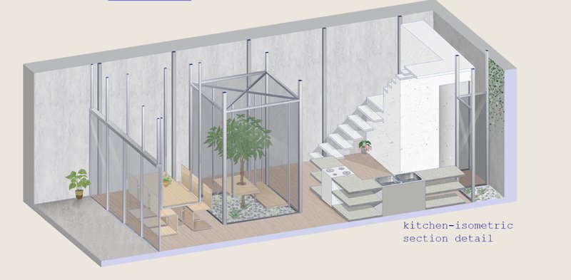 A light-filled kitchen and dining zone featuring an internal green atrium that merges nature with domestic life.