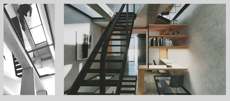 Exposed stairs and integrated workspaces emphasize openness and spatial efficiency in a narrow footprint.