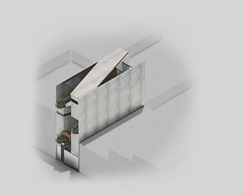 An abstracted volumetric perspective highlighting the staggered facade and rooftop form.