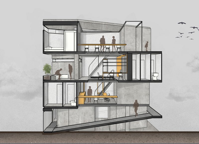 A cross-sectional view illustrating the intergenerational zoning and layered public-private spaces.