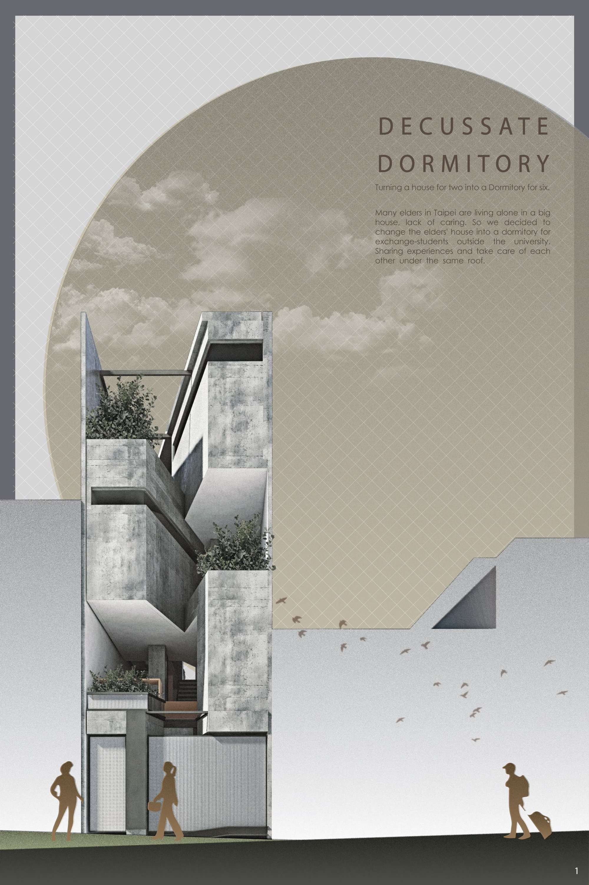 Decussate Dorm: Compact Co-living Architecture for a Super-aged Society