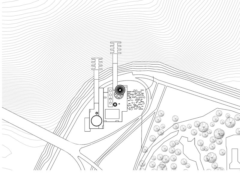 Site layout integrating the architecture with natural contours and a riverside park, enhancing indoor-outdoor flow.