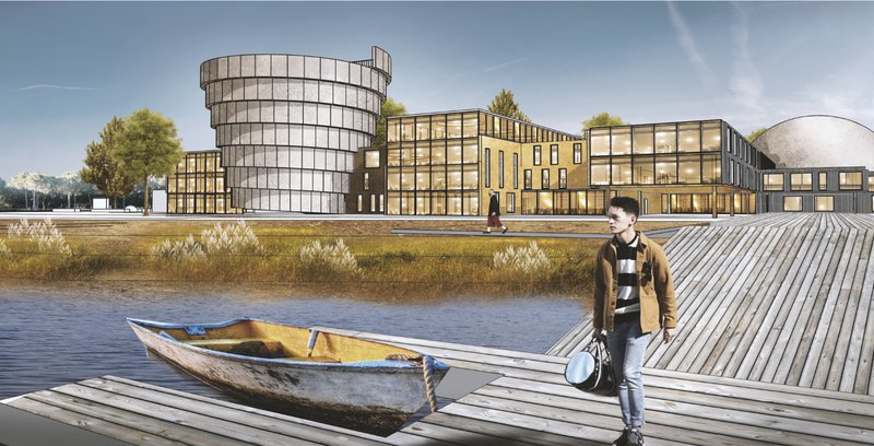 The cylindrical tower and modular blocks represent flexibility, memory, and the architecture of time.