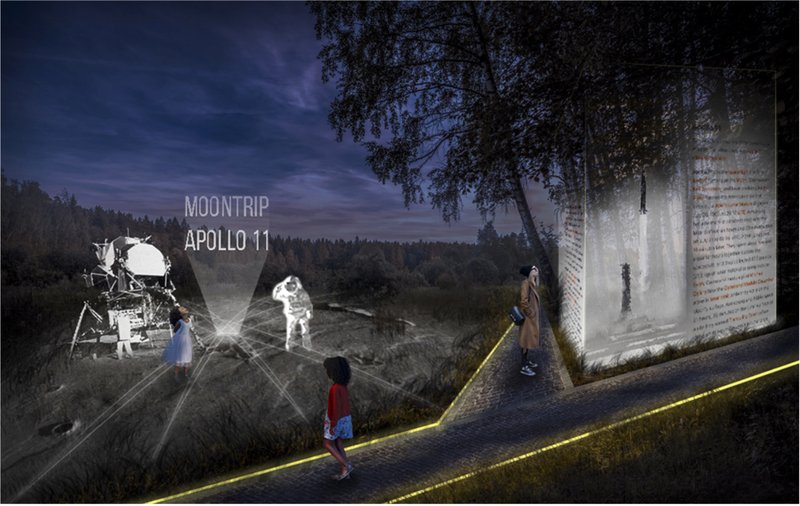 A night walk through history—honoring the Moon landing with projections and reflective storytelling.