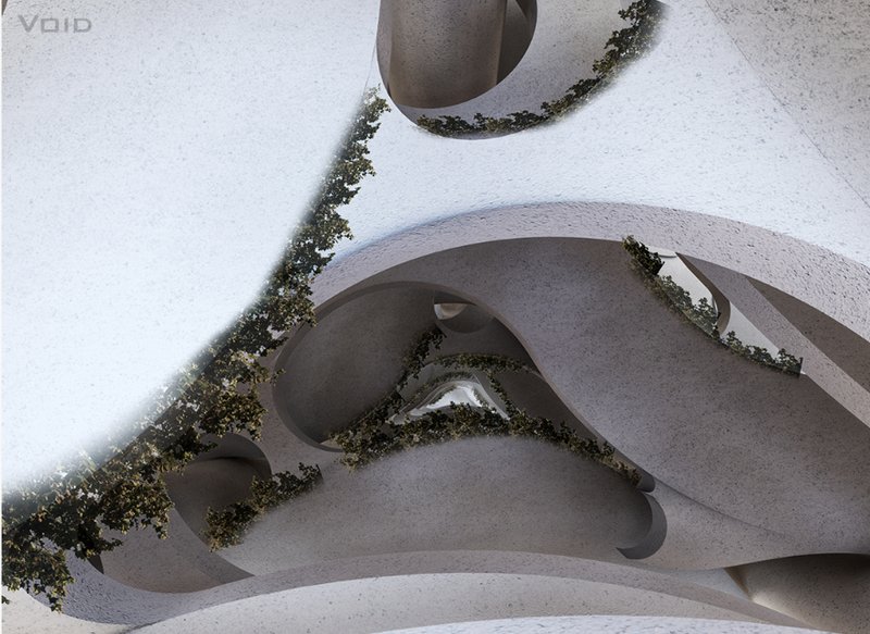 Sculpted interior voids filled with natural light and vegetation, symbolizing growth after death.