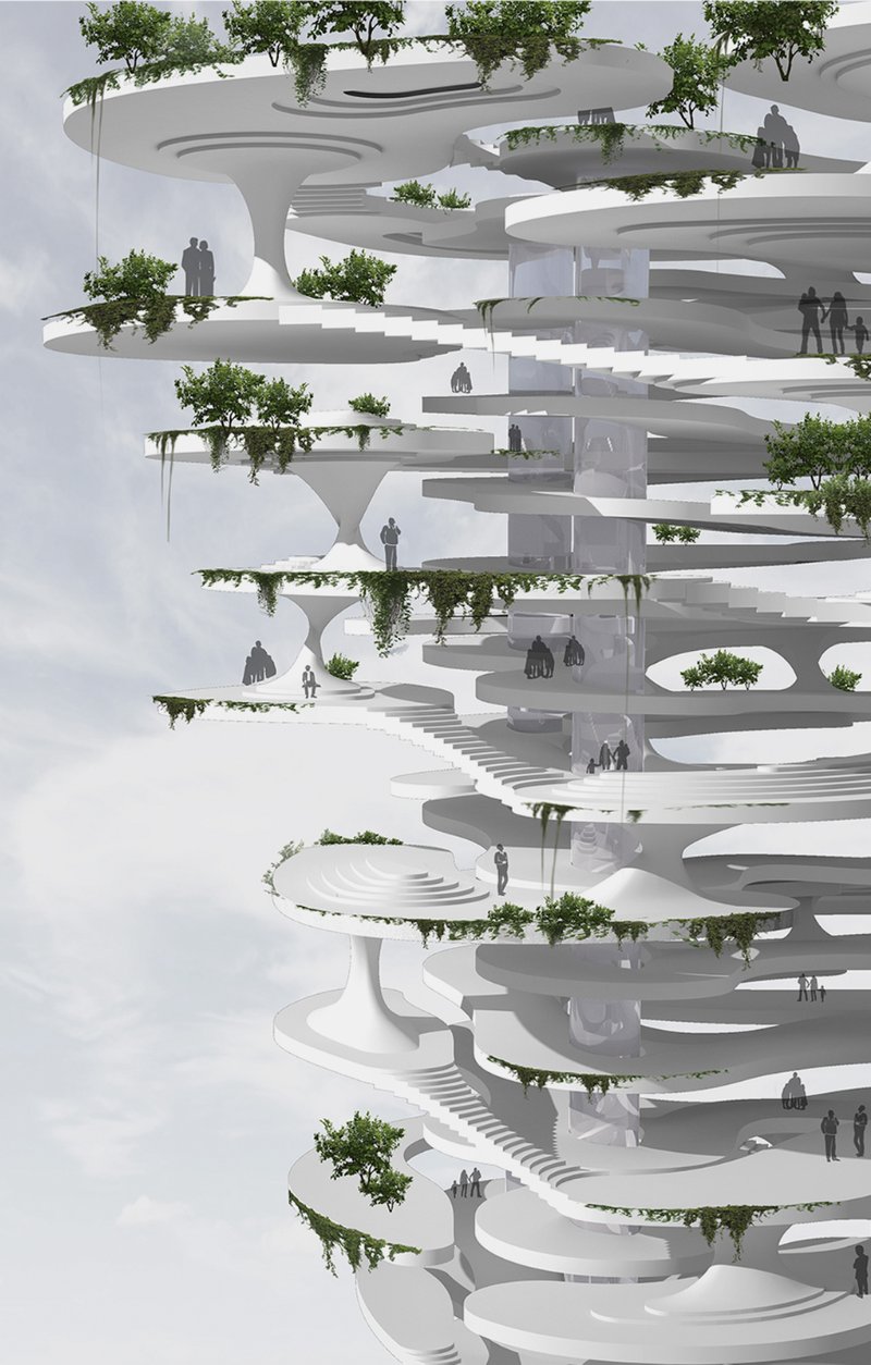 Multi-level circular platforms hosting memorial gardens, trees, and circulation spaces in the sky.