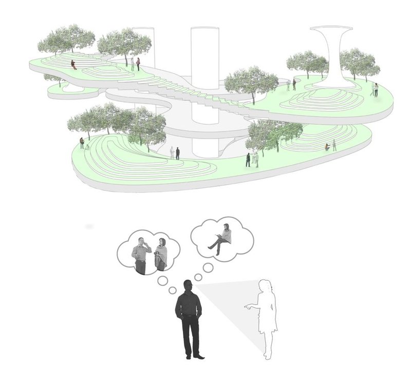 Digital remembrance zone combining greenery and personal storytelling in an immersive environment.