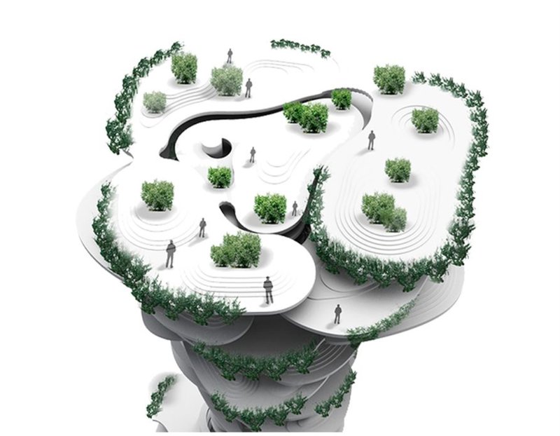 Aerial view of the cemetery's uppermost platform with contemplative walking paths and dense greenery.