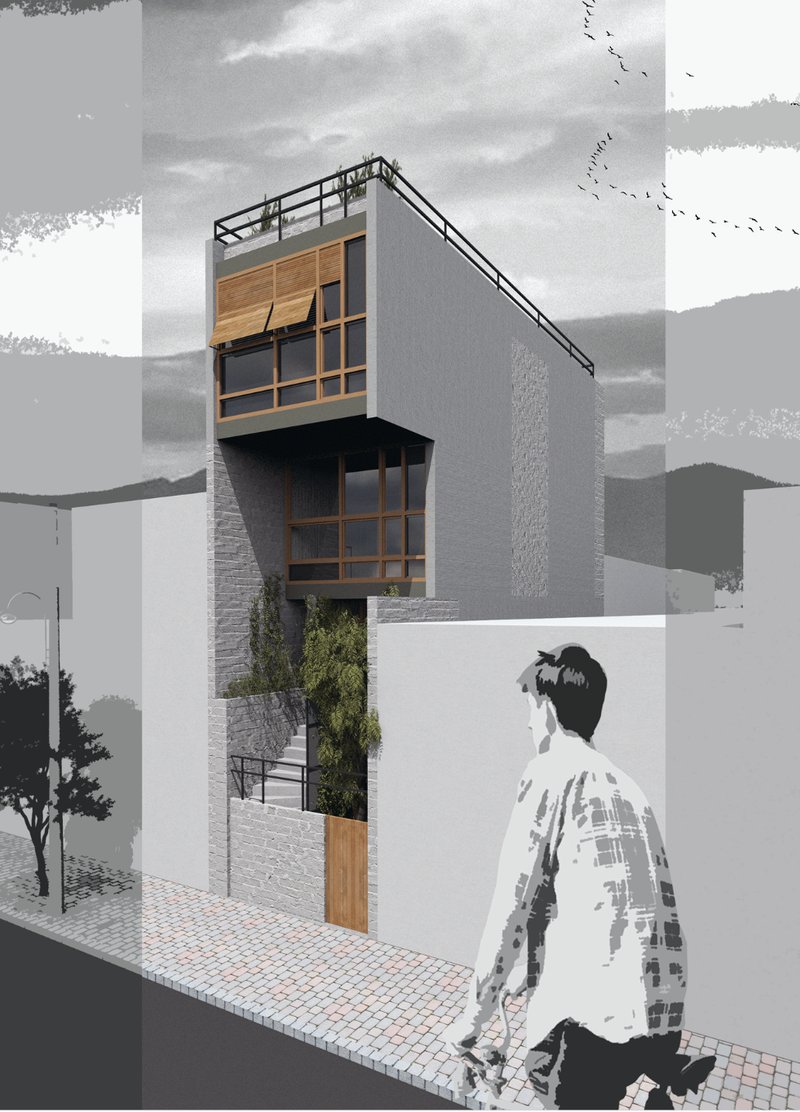 Contextual façade treatment with timber shutters and limestone finishes echoes local materials while ensuring privacy and comfort.