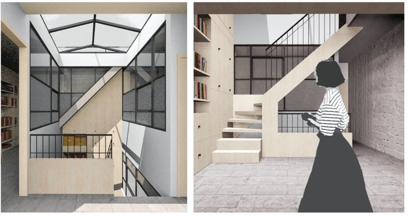 Central atrium with skylight ensures natural light and ventilation; minimal interiors prioritize openness and adaptability.