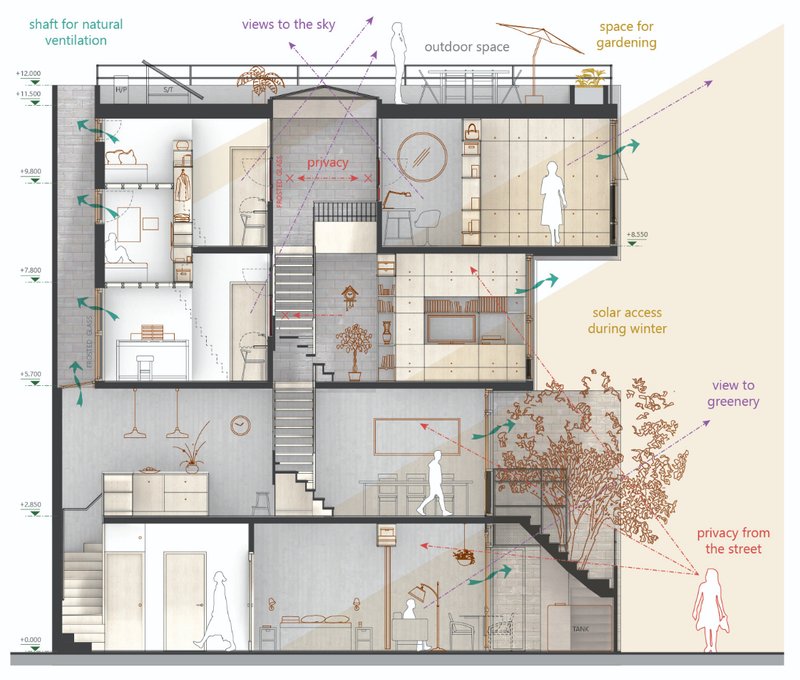 Layered living with privacy, daylighting, and greenery designed into every level of the compact family home.