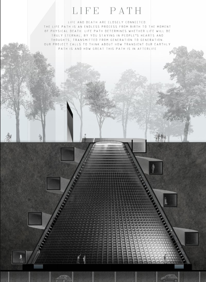 A monumental underground columbarium symbolizes the journey from life to afterlife through layers of memory and light.