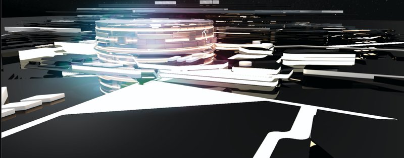 The smart arena sits at the heart of a futuristic cityscape, blending civic life with digital entertainment.