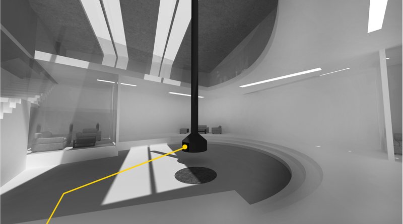 A circular hearth anchors the space, creating a warm focal point for connection and healing.