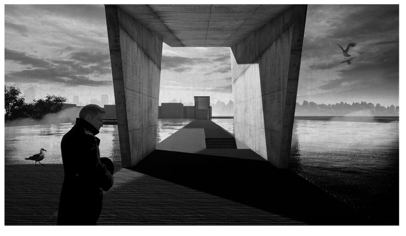 A solemn approach framed by minimalist concrete walls, guiding mourners into a realm of stillness and reflection.