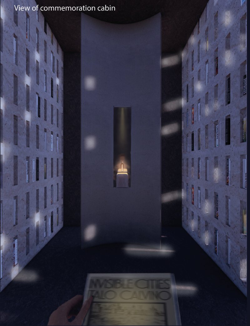 A solemn interior where personal memory meets architectural stillness—relating life stories through curated books.