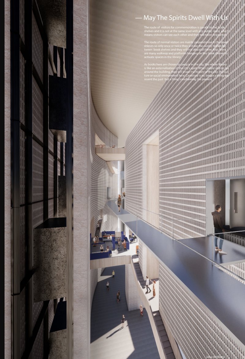 Multi-level platforms and walkways create a vertical narrative, blending daily public life with memorial journeys.