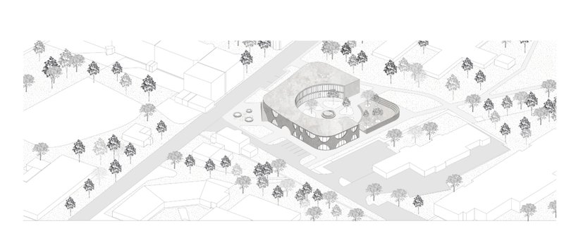 The architecture gently integrates with its urban surroundings, shaping a circular core for community gathering.