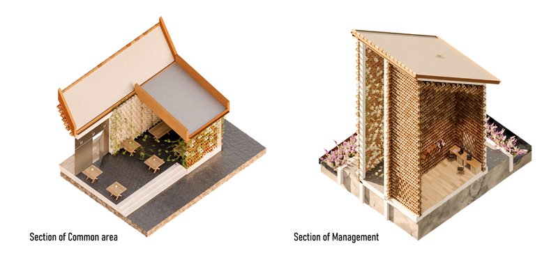 Axonometric views highlight modular integration, where wooden tectonics shape communal and administrative zones.