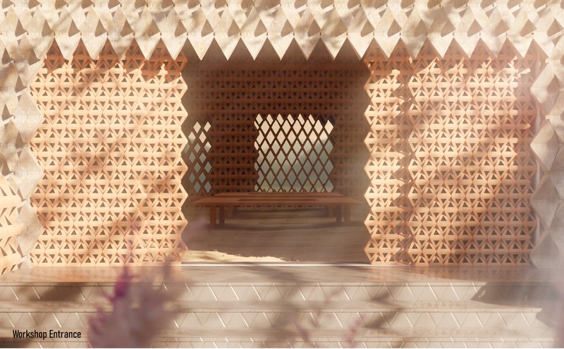 Framed by interlocking modules, the workshop invites visitors to engage with local craftsmanship and materiality.