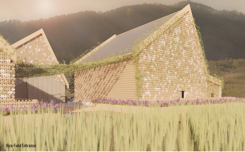 Designed to harmonize with its agrarian surroundings, this entrance connects the pavilions directly to the rice fields.