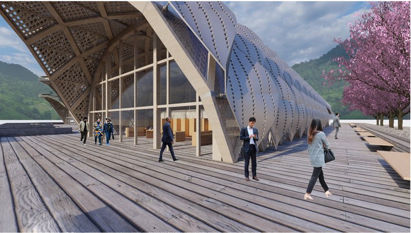 Lattice vaults and perforated steel skin define the contemporary interpretation of Gassho-inspired architecture.