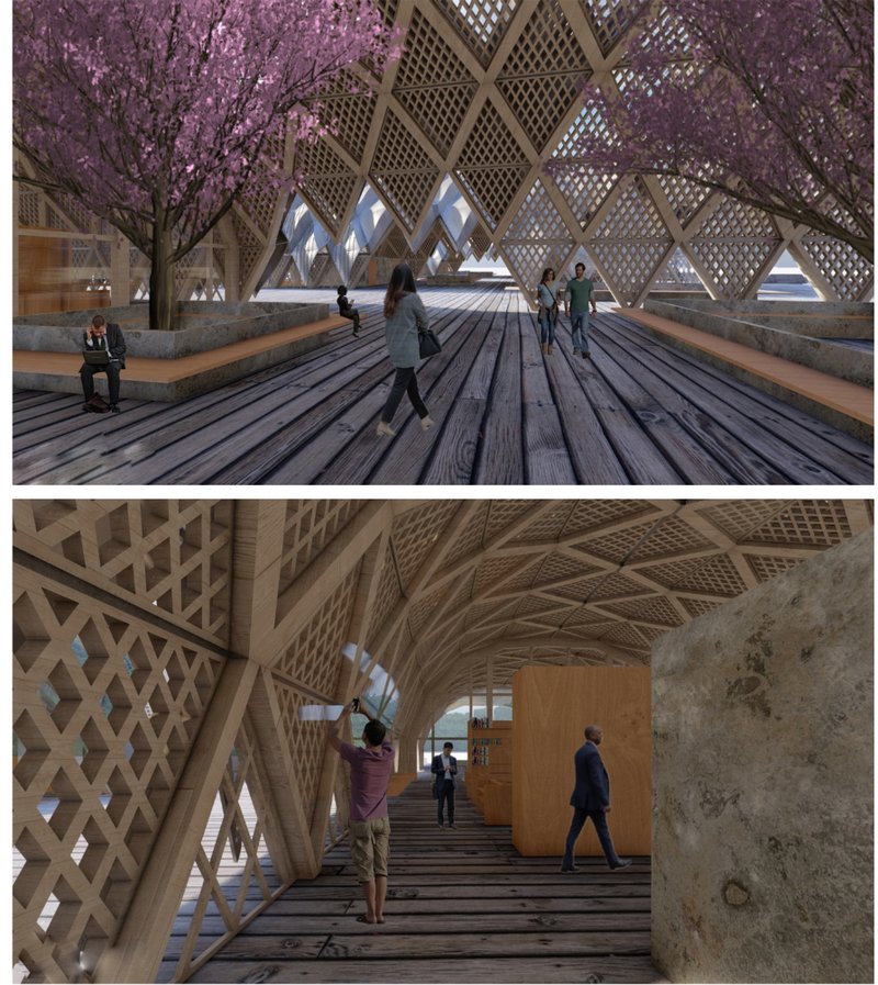 Interior grid modules and seasonal transitions evoke a meditative atmosphere within the cultural centre’s open framework.