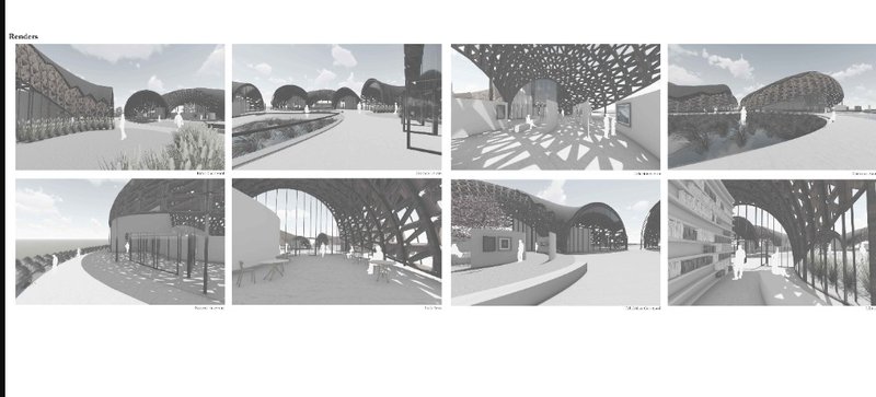 Immersive render views reveal the interplay of light, structure, and space, capturing the project’s modular form and public engagement zones.